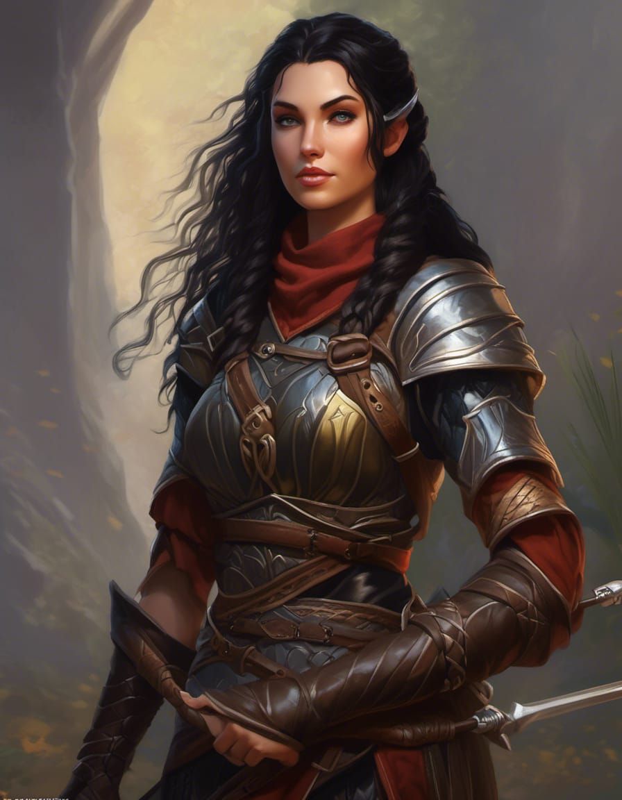 Portrait of a female half-elven ranger from the steppe, wearing ...