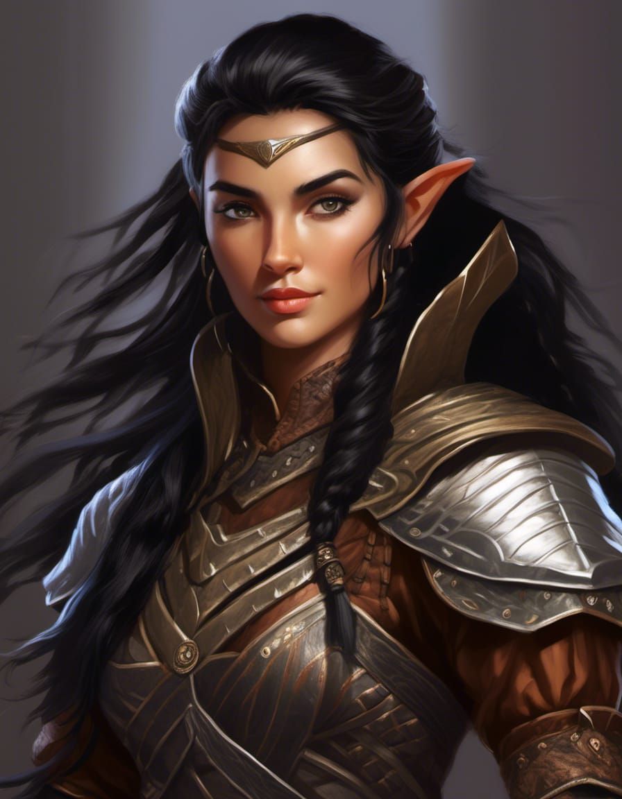 Portrait of a female half-elven ranger from the steppe, wearing ...