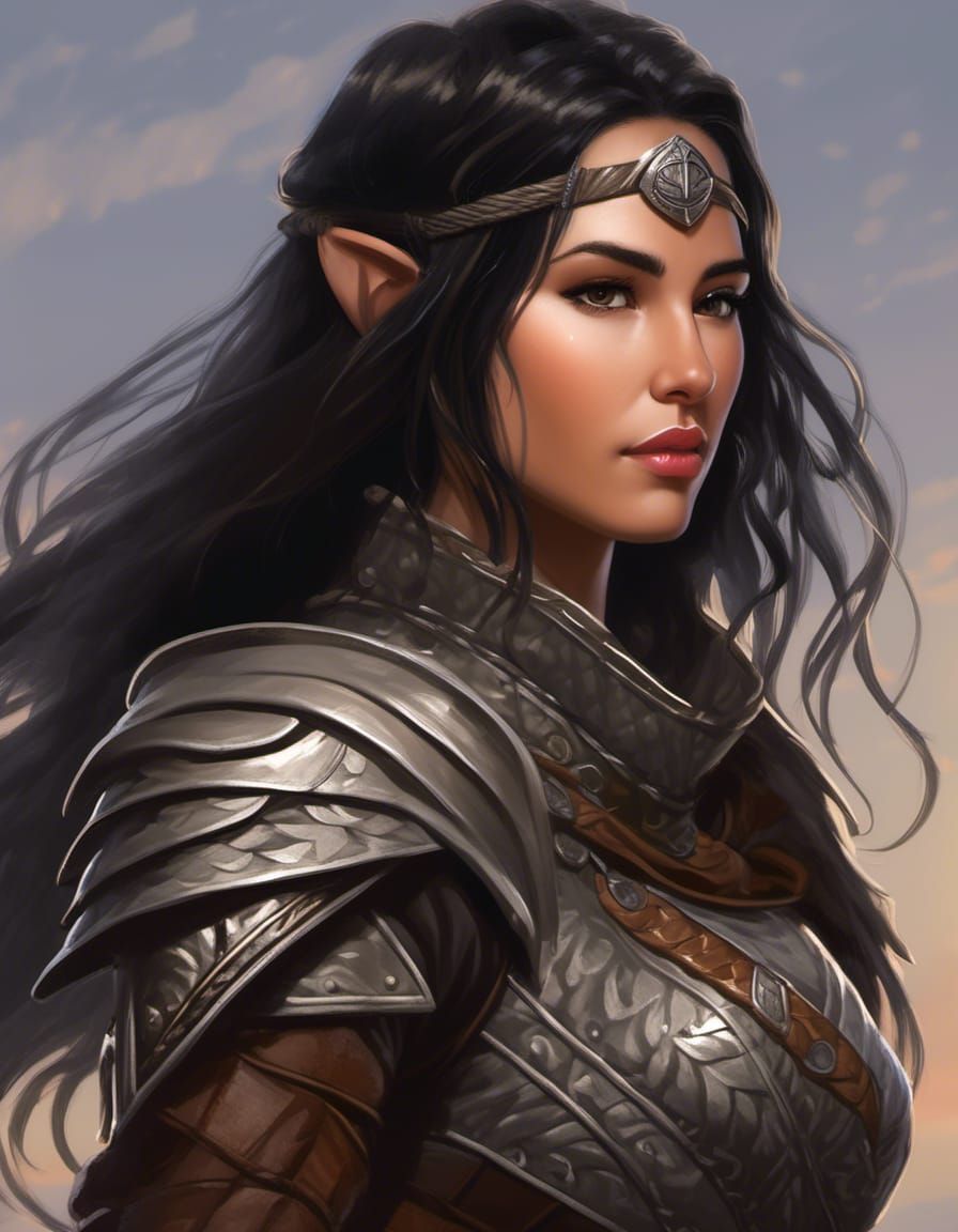 Portrait of a female half-elven ranger from the steppe, wearing ...