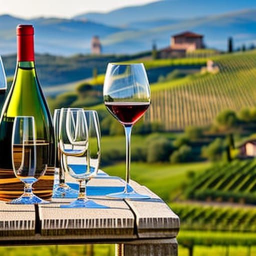 Wine bottle, glasses, bread and cheese on a bistro table at a Tuscan ...