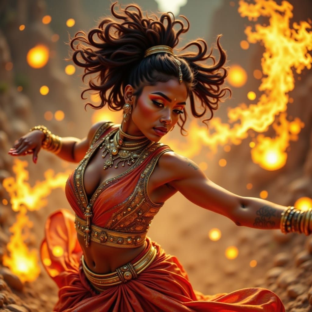 Twisting mid-air, a woman with deep cinnamon skin and gold undertones, clad in a flowing sari bustle skirt, her gear-linked jewelry and stea...