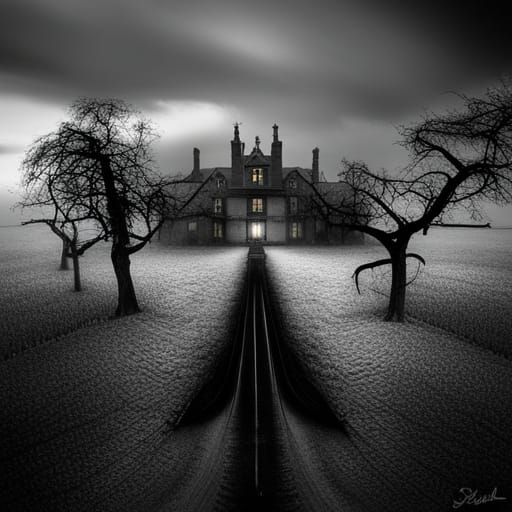 landscape, haunted house with a winding dead tree-lined road...