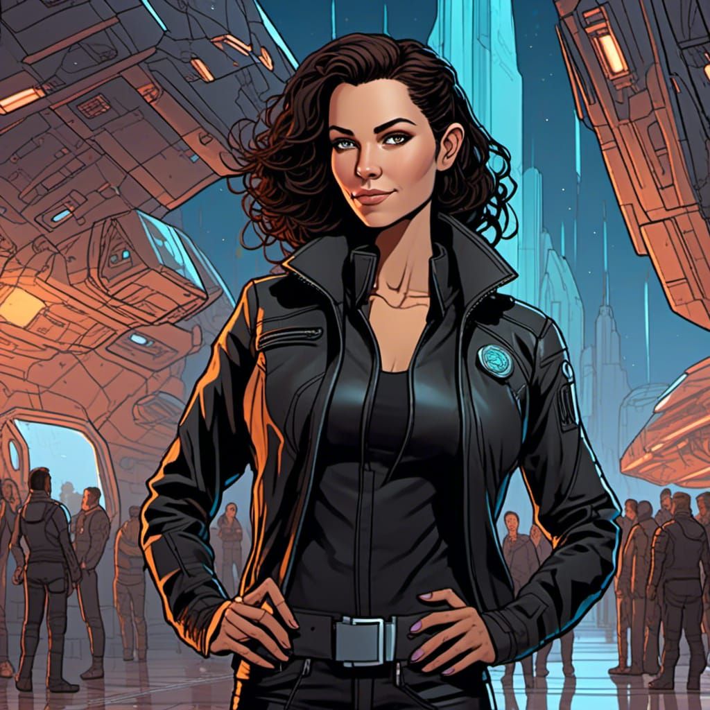 <lora:pulpc:1.0> A woman in a jacket posing for a picture, i...