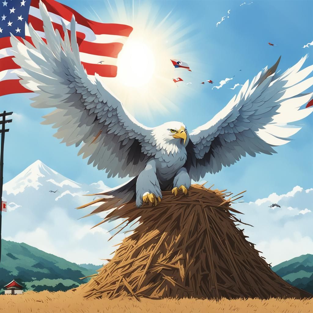 A giant white eagle thing swooping down on a haystack on top of a ...