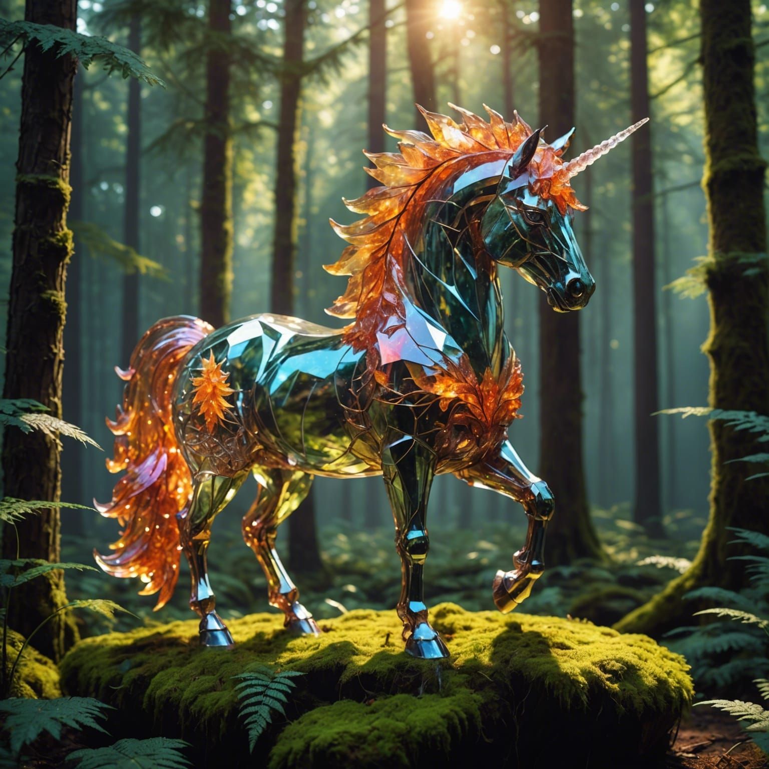 Fire quartz crystal unicorn in a forest a masterpiece, ether...
