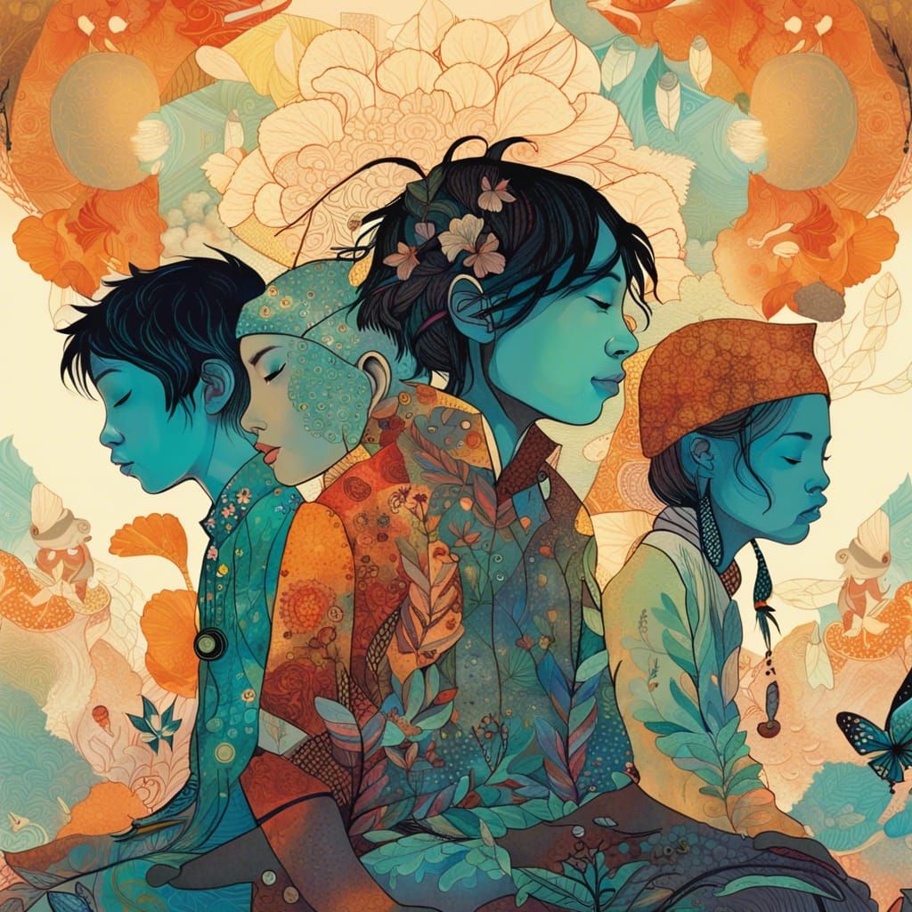 Close-up of indigenous boys and girls, meditating, happy, lo...