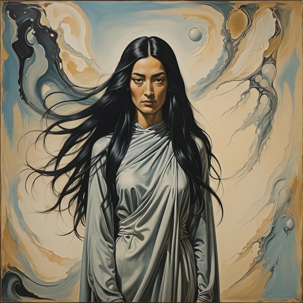 gorgeous woman with long straight black hair, whole body is ...