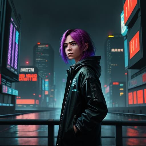 Medium shot of a female sci-fi protagonist in a cyberpunk ci...