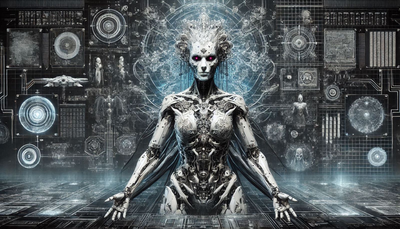 Cyborg Queen in front of all her computer screens