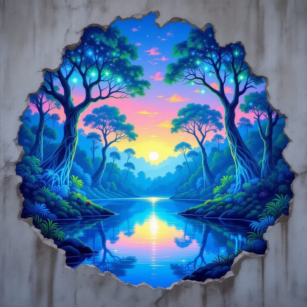 On a concrete wall an airbrushed landscape of a serene, bioluminescent forest at twilight. Towering, ...  by @Sacha