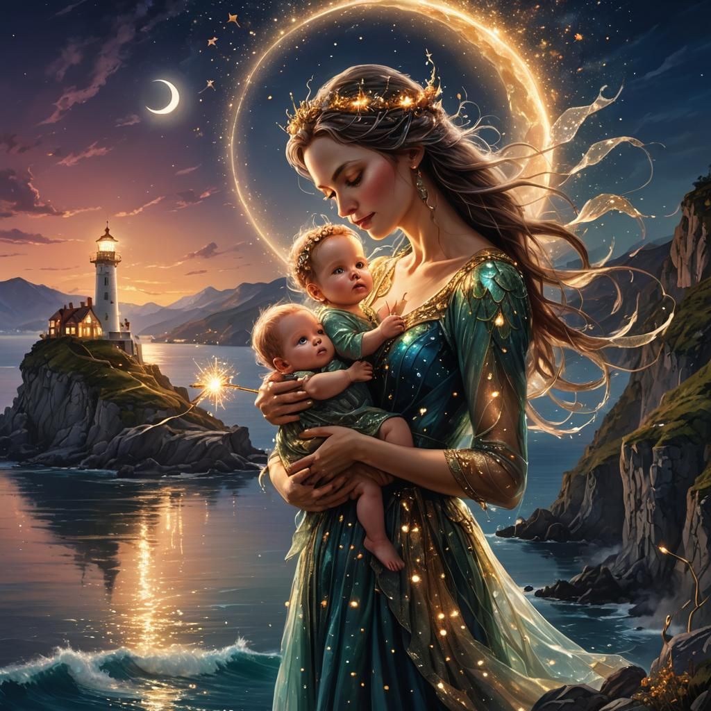 Portrait of mother fairy holding her fairy baby.