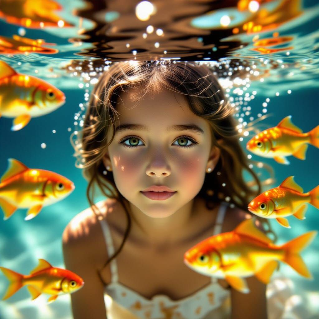 painterly digital painting, hyper realistic photograph of a girl underwater with school golden fish around, ...  by @PWC Digital Art