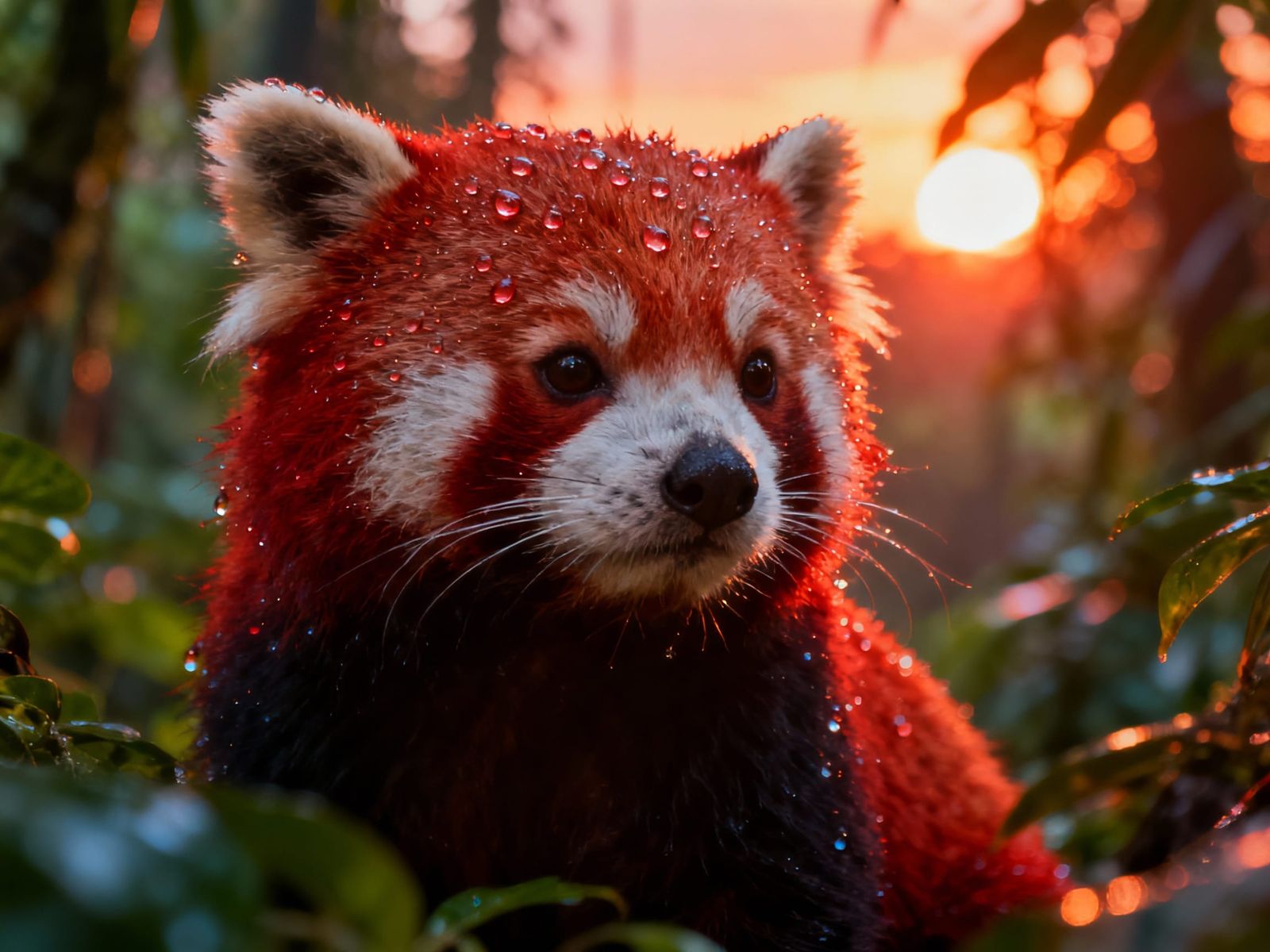 Macro shot of a cute red panda in a lush jungle during sunset. Water drops glisten on its vibrant red ...  by @Joe