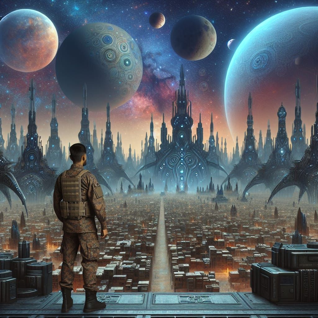 A soldier standing in the midst of a hugh alien city that dominates the picture, with multiple moons in an alien sky above