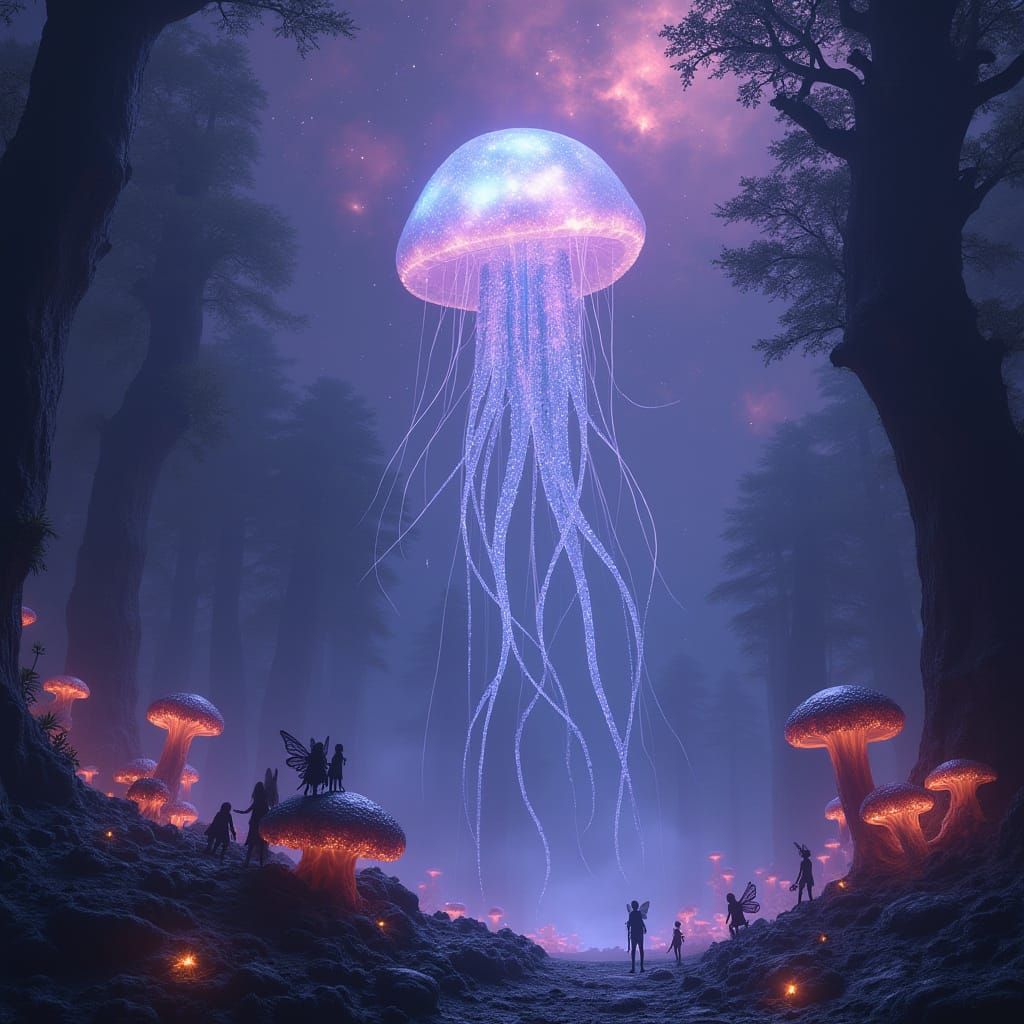 A breathtaking, high-fantasy scene where a colossal, glowing jellyfish-like creature, resembling a nebula, floats through the canyons of a b...