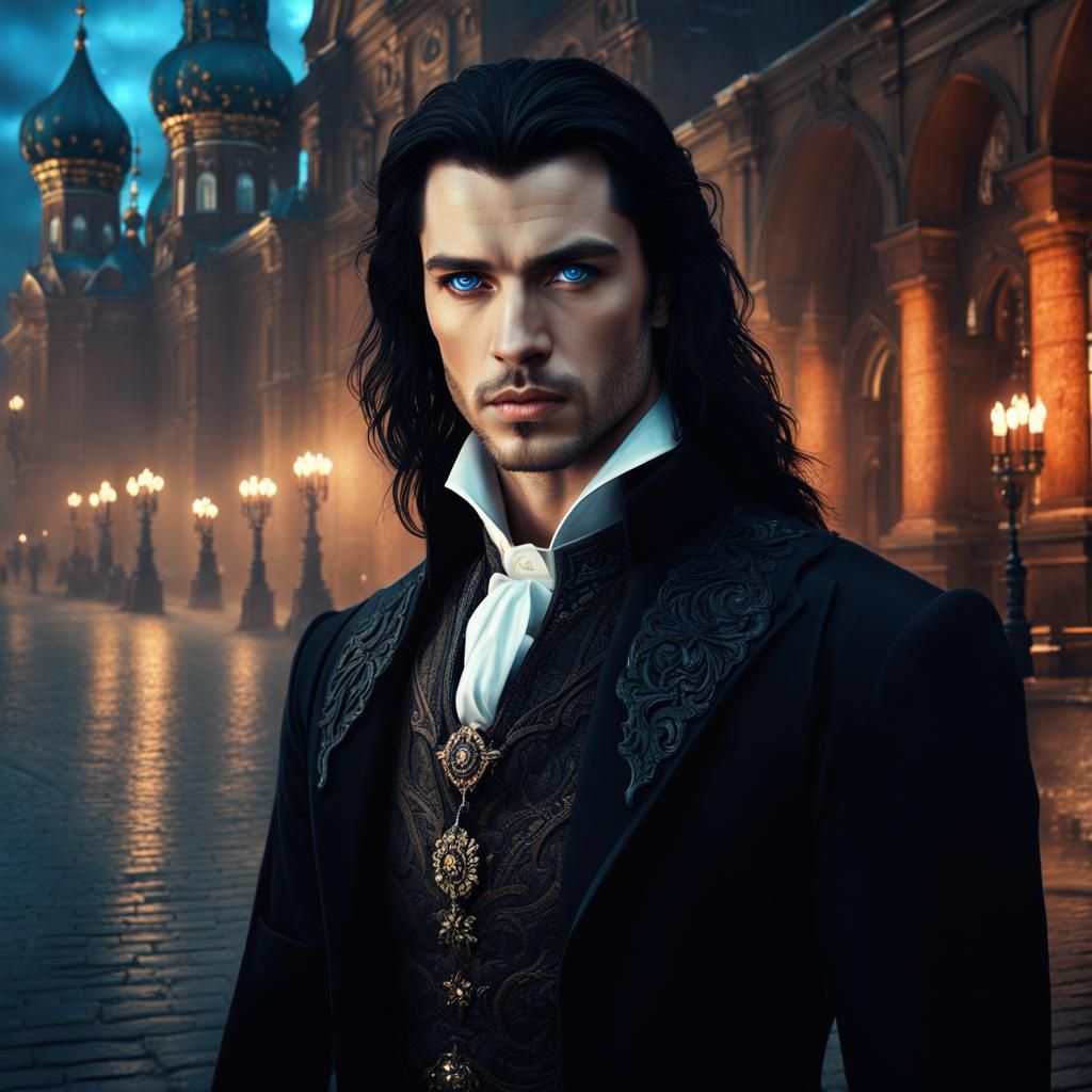 An Elegantly Handsome Vampire with piercing blue eyes, and l...