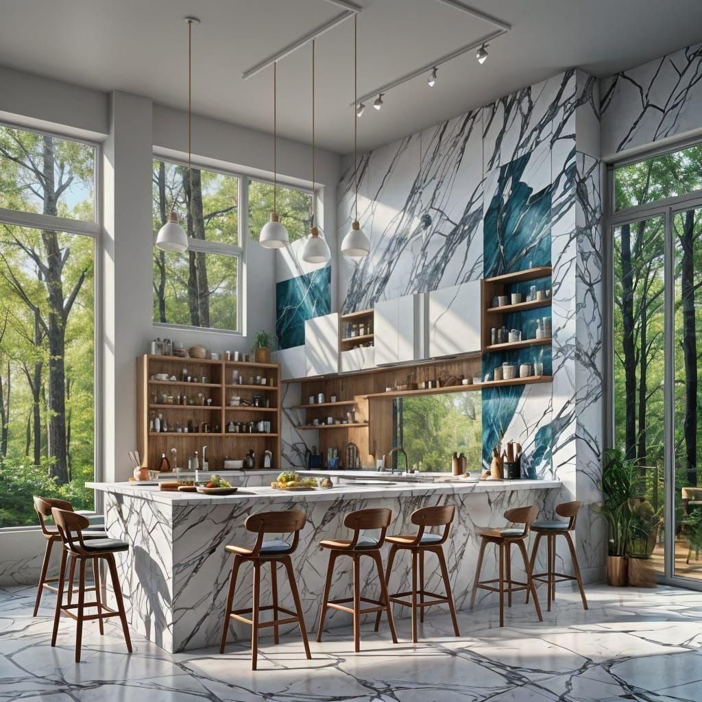 Kitchen, white modern shelves, white marble counter, minimalistic, wood details, wooden bar chairs, fishbone flooring, big window forest vie...