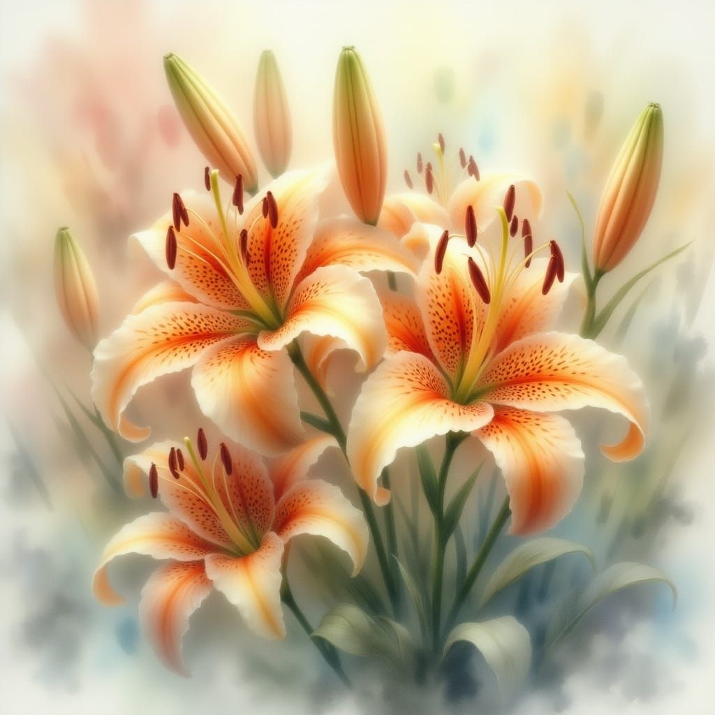 <lora:Ethereal Watercolor:1.0> hyper detailed intricate hyper realistic tiger lillies ethereal watercolor ...  by @SimbaLeesa