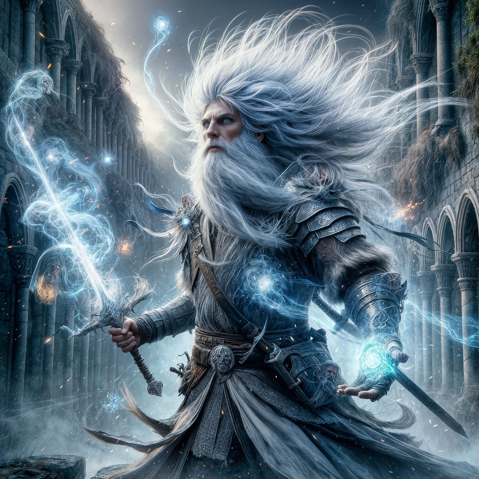 A photorealistic image of a battle mage in a mythical setting with archaic ruins in the background, captured ...  by @Artificial Intelligence Artist