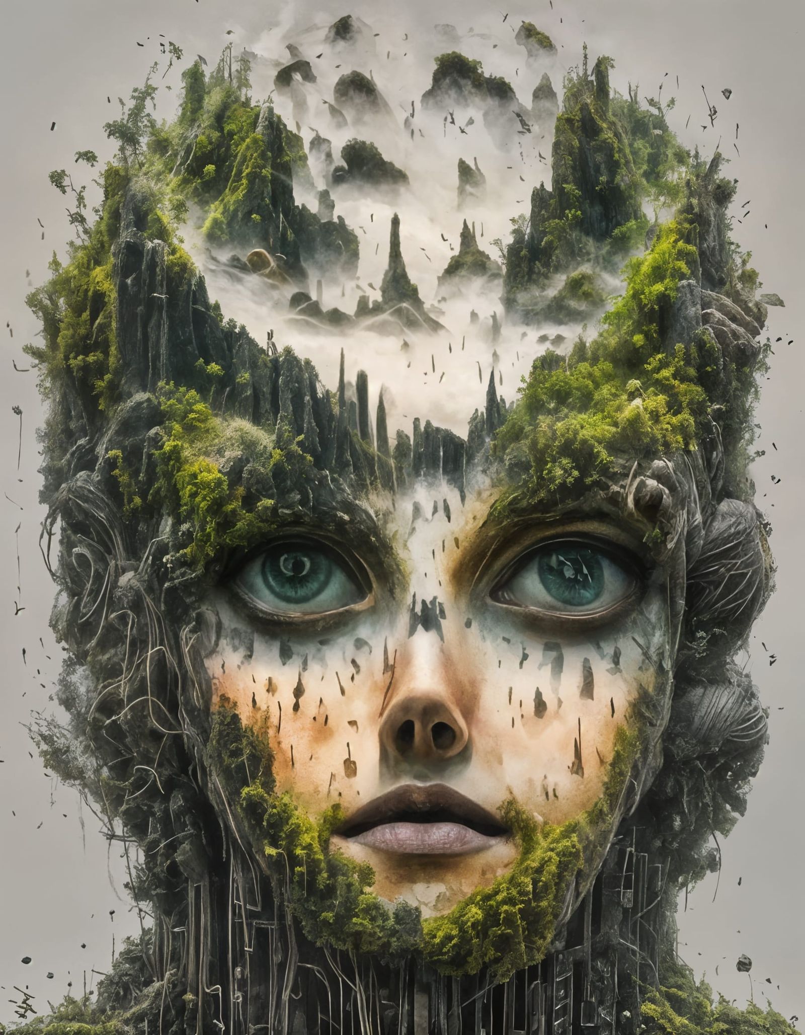 Brutalist Face Sculpture with Moss Accents