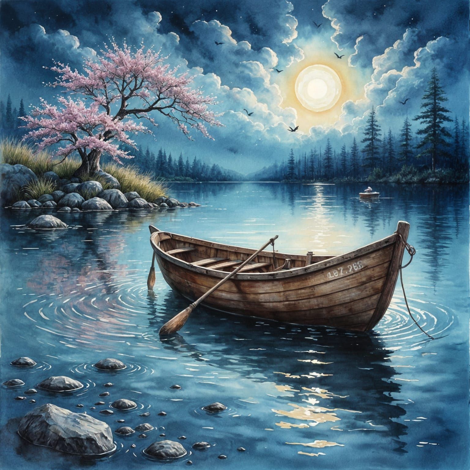 Moonlit Lake Watercolor Boat Painting