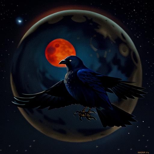 dark blue night sky, huge red moon centered, gold stars, bir...