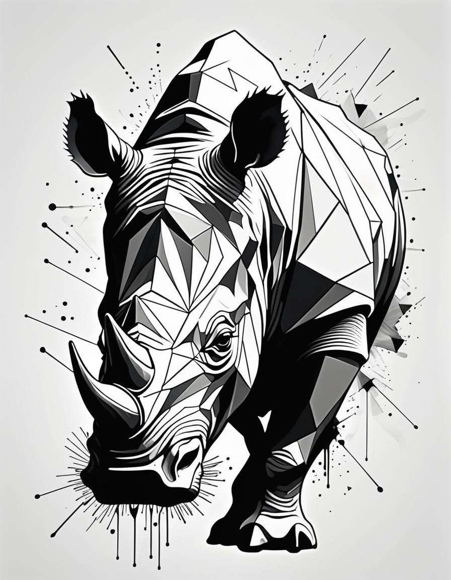 Geometric Rhino Outline Painting in Black and White