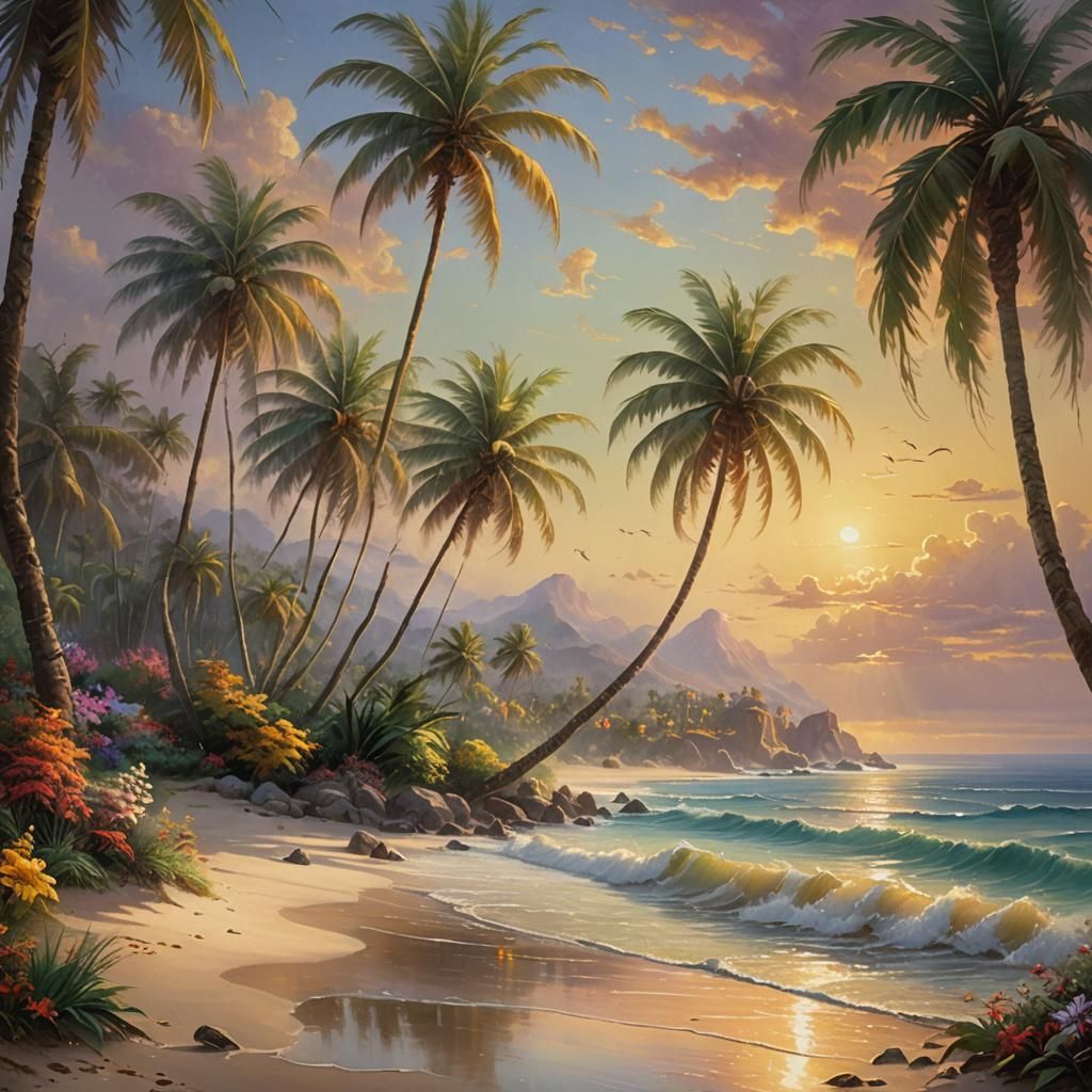 palm trees on a tropical beach at sunset  by @undefined