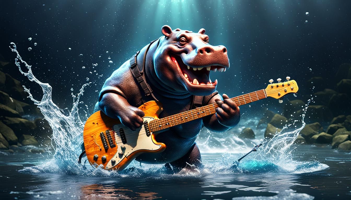 a hippopotamus smashing an electric guitar in the water