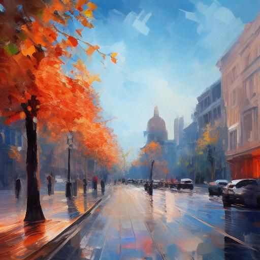 <lora:ImpressCitySD15:1.0> Busy City street, people in the street, sunny day sun clouds 