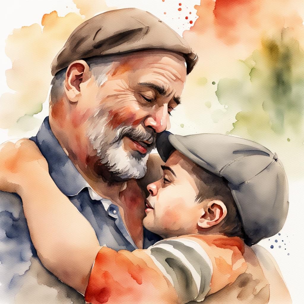 Watercolor artistic image of papa and son hugged