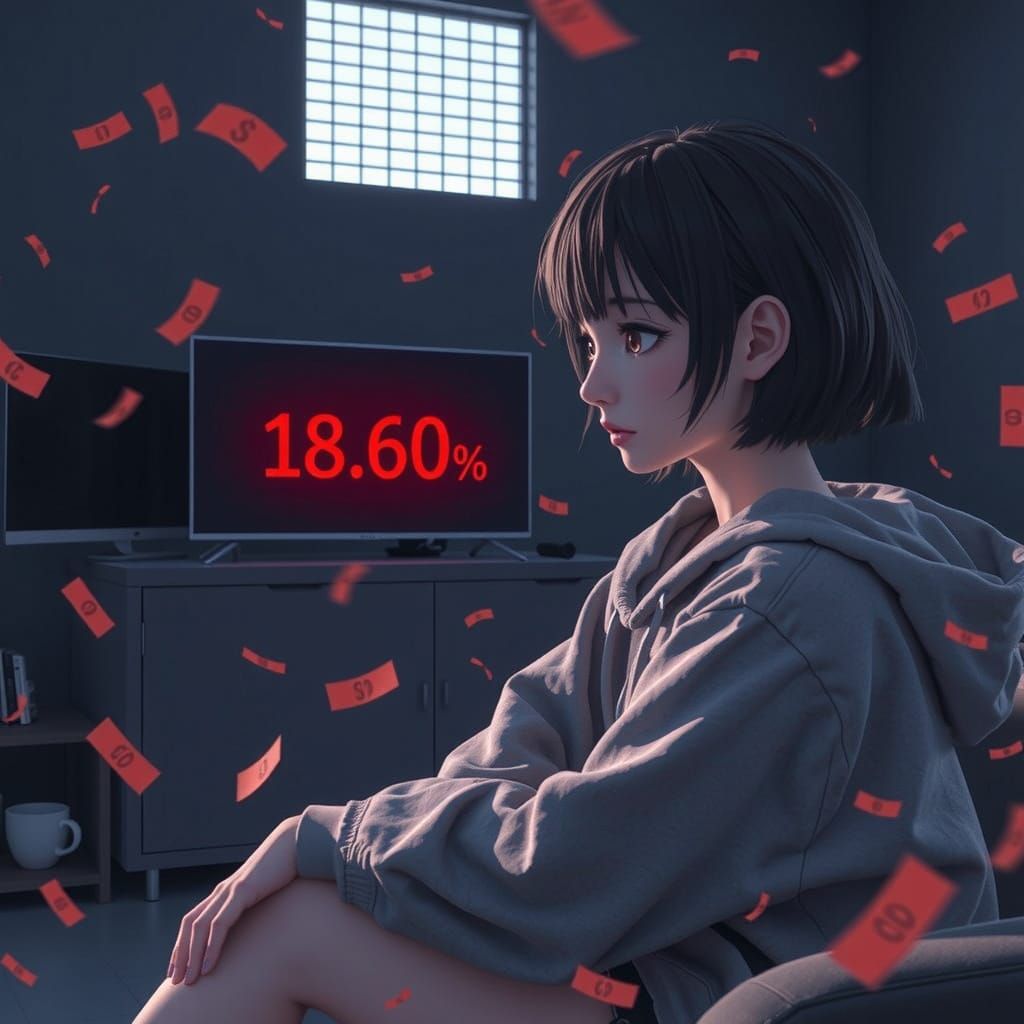 Desperate Woman in Futuristic Financial Despair