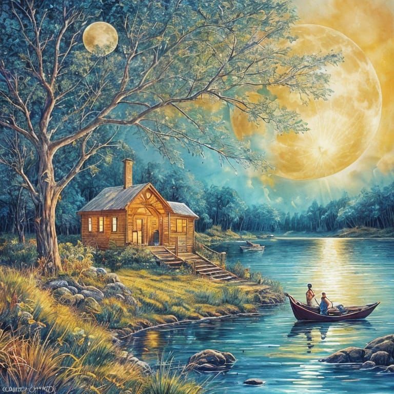 Watercolour Crab Boat on Twilight Lake Under Full Moon
