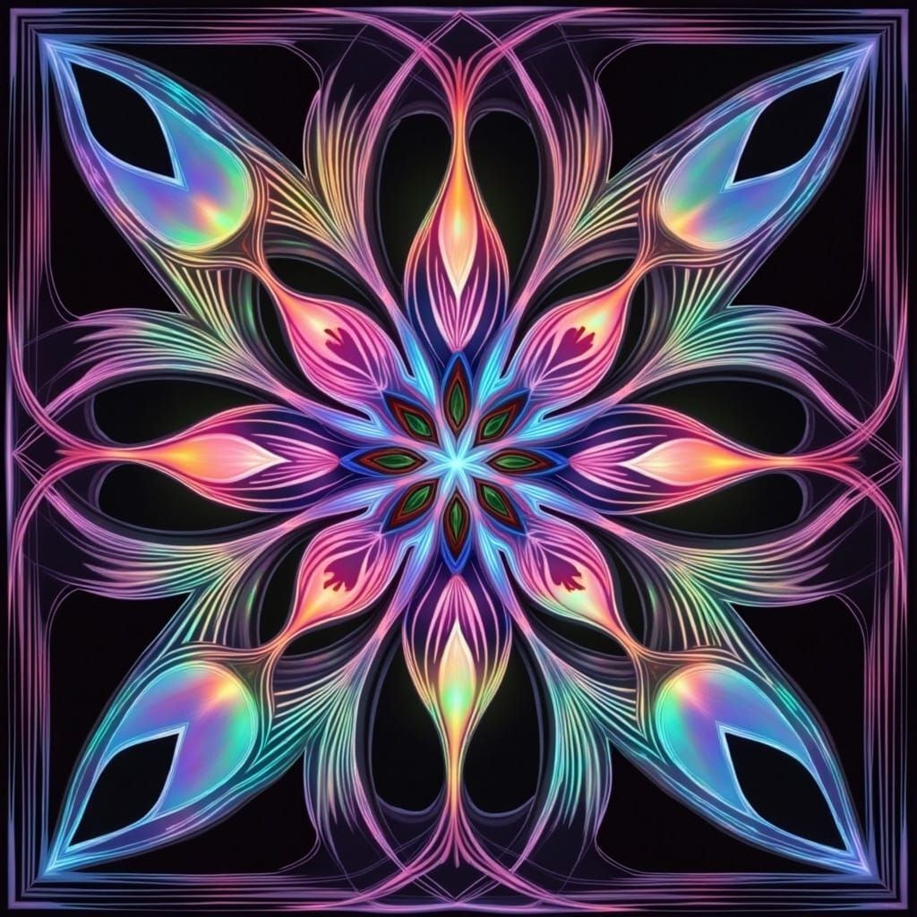 <lora:Holo Flux:1.0> critter; Karol Bak, Tom Bagshaw, Christopher Lovell; primary gradient, woven, gaussian vector fractal, Sierpinski spira...