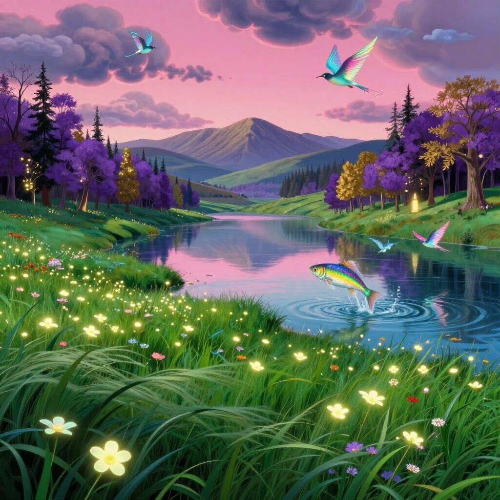Surreal Landscape with Glowing Flora and Fauna