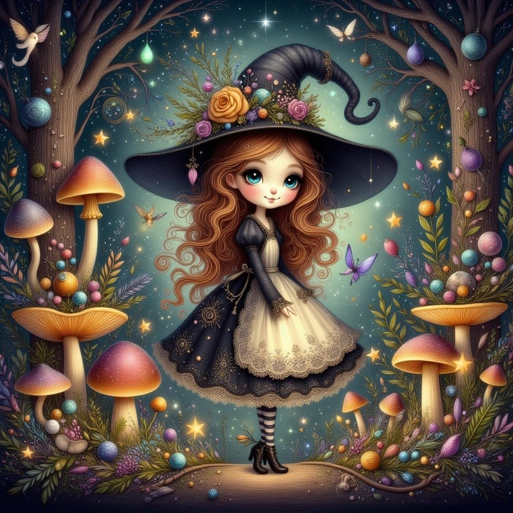 Whimsical Young Witch in Enchanted Forest