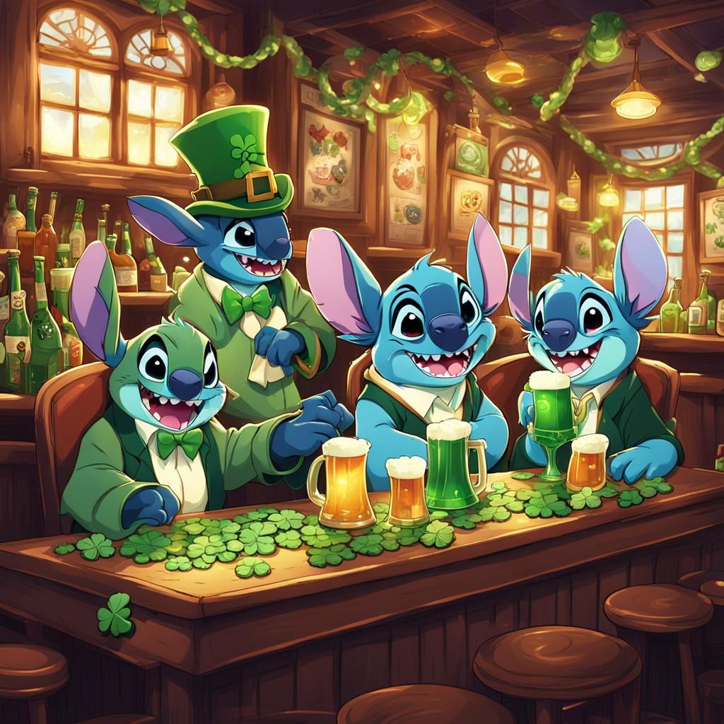 Disney stitch celebrating St Patrick's Day in an Irish pub. ...