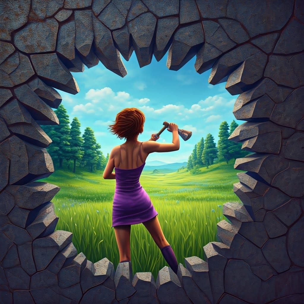 Vibrant Girl Breaks Through to a Lush Meadow in Abstract Art