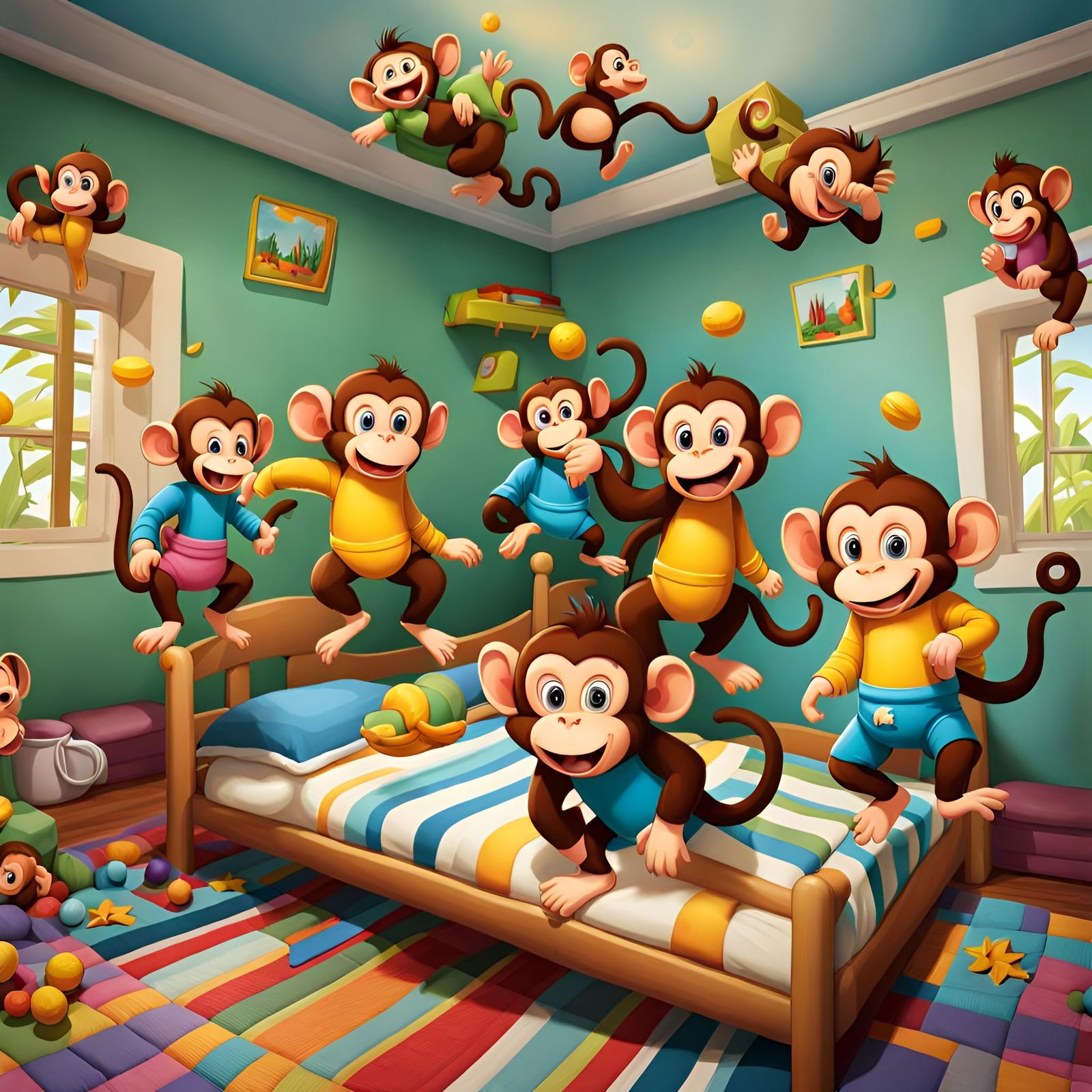 Five little monkeys jumping on the bed. One fell off and bumped his ...