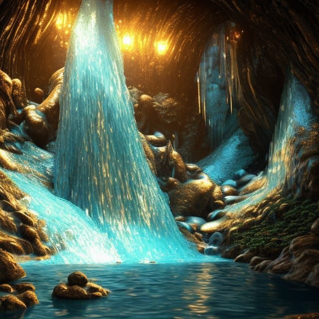 Waterfall in a cave of gold