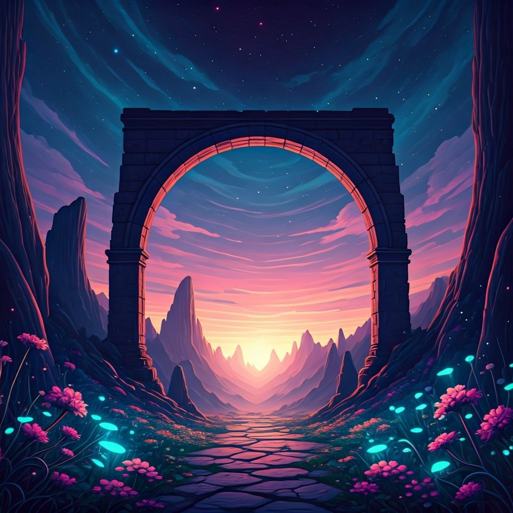 Mystical Stone Archway Under Starry Twilight Sky