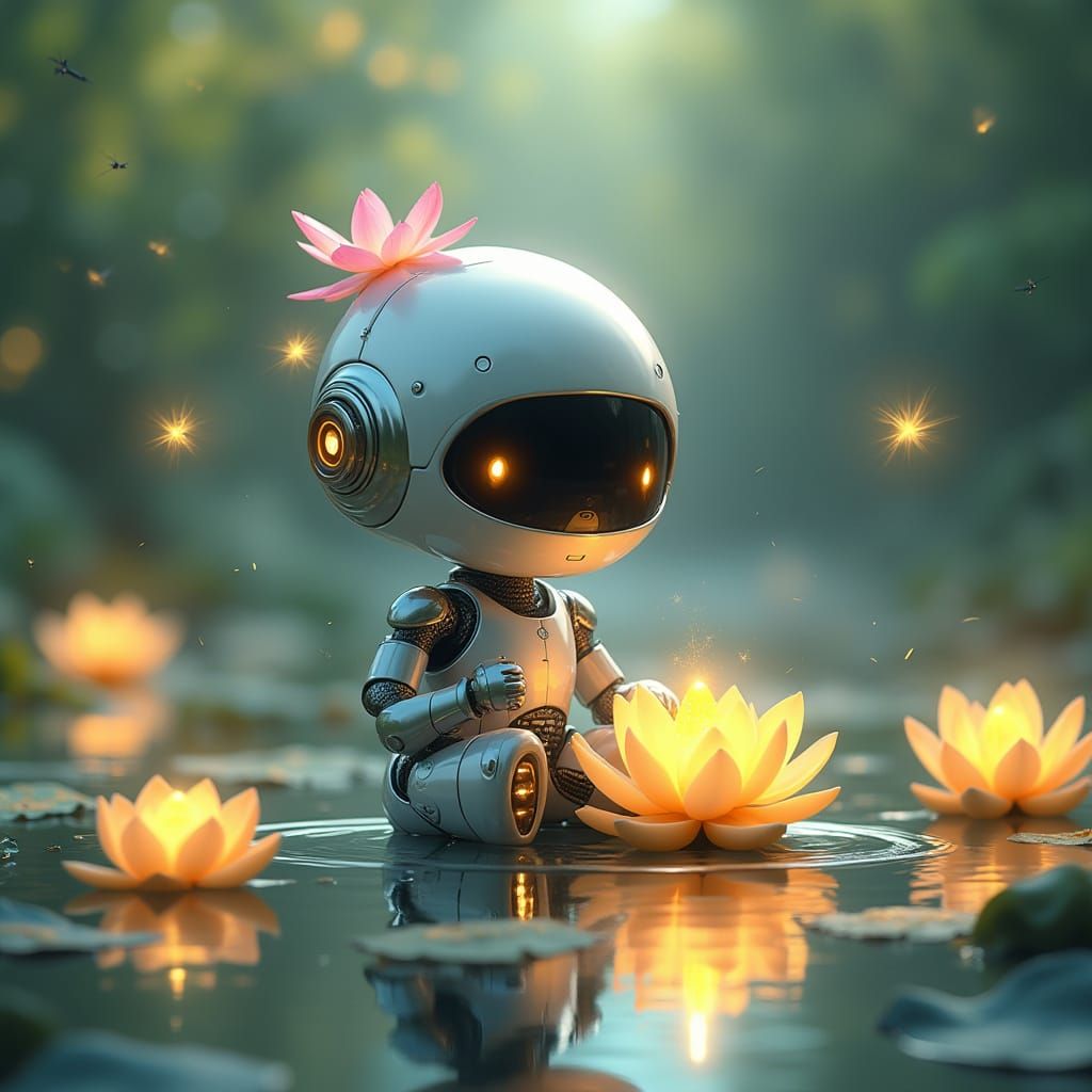 A chibi robot into a lotus world  by @Hades