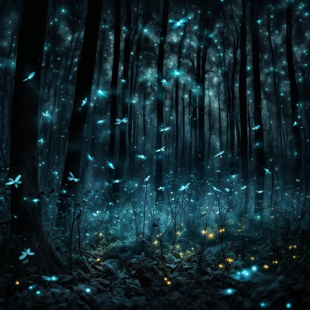 Bioluminescence art image of Fireflies in the Night Forest in the style ...