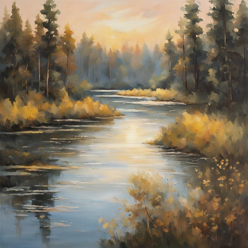 Majestic Forest Landscape in Soft Impressionistic Brushstrok...