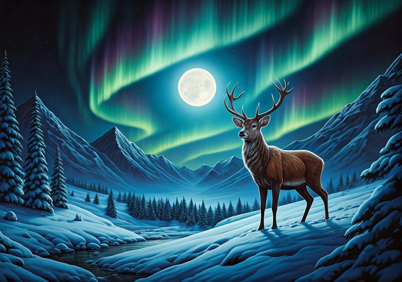 Winter is coming, deer, moonlit, snow, auroras, oil Wells Schaller  by @Hugo Raul