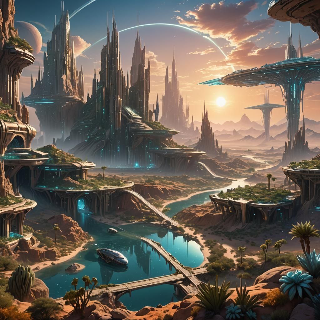 Futuristic City Floating Over Desert Landscape