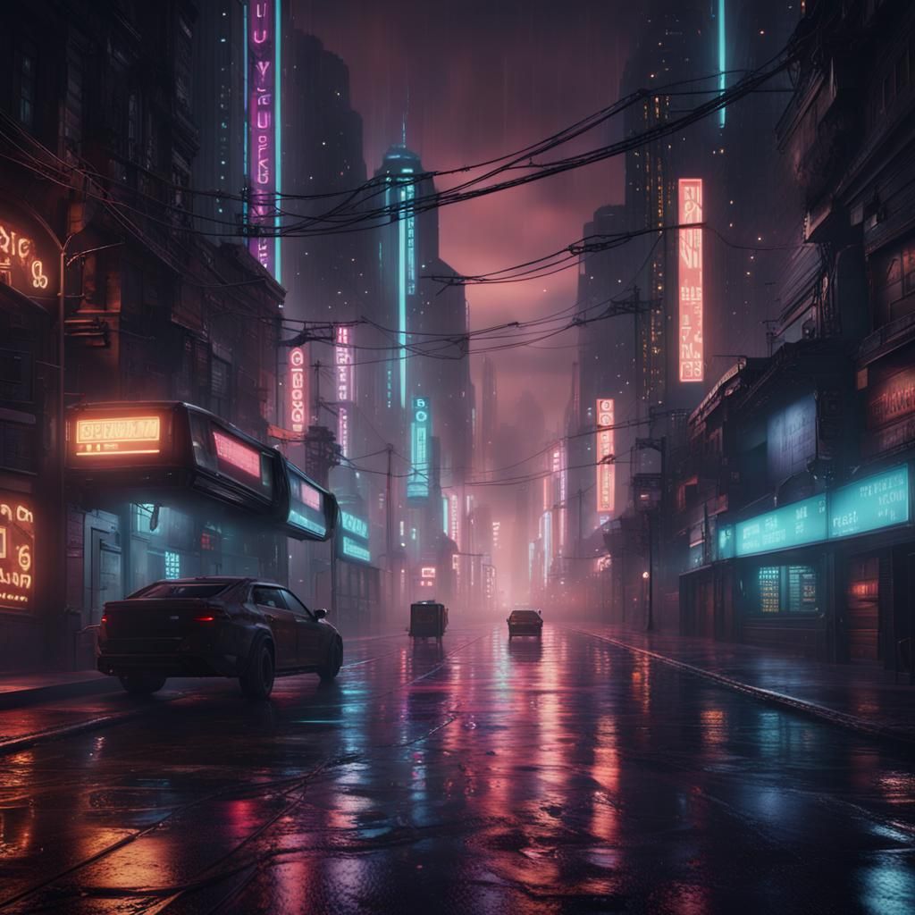 Empty cyber punk city street on a rainy night