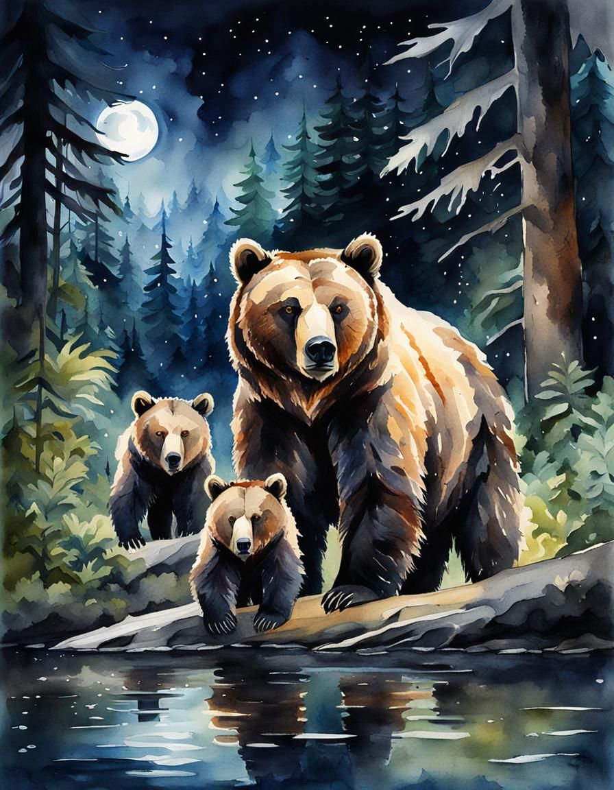 Grizzly Bear with two cubs in rainforest - AI Generated Artwork ...