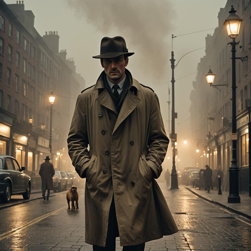 fantastic image of a detective at the crime scene of a 1930s Dublin crime noir style