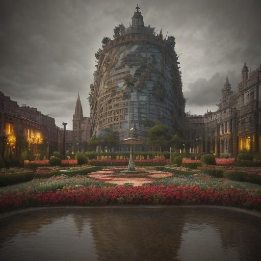 City Park Garden with Red Brick Sculpture